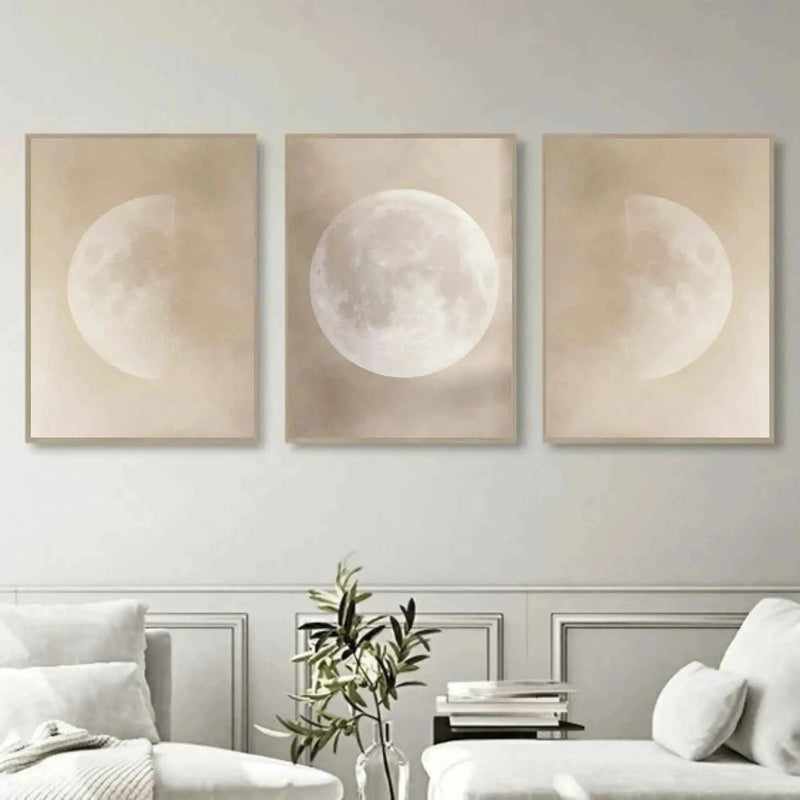 Set of 3 moon phase wall art canvas prints on white background – full moon waxing waning unframed