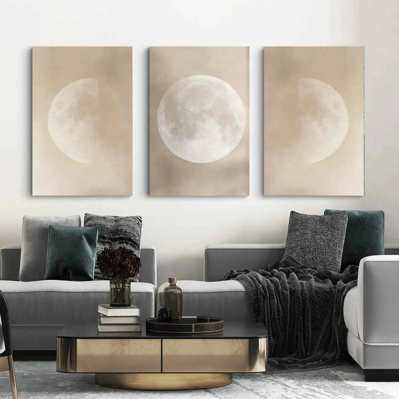 Close-up of moon phase canvas print detail – minimalist lunar wall art neutral tones