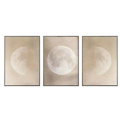 Three framed artworks of a moon phases on a beige background