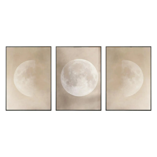 Three framed artworks of a moon phases on a beige background