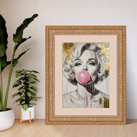 Framed artwork of a stylized portrait with a pink bubble gum bubble, placed on a light wooden floor with plants in the background.