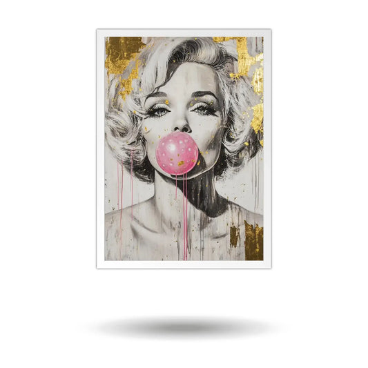 Framed artwork of a stylized portrait with a pink bubble gum bubble, gold accents, and abstract elements.