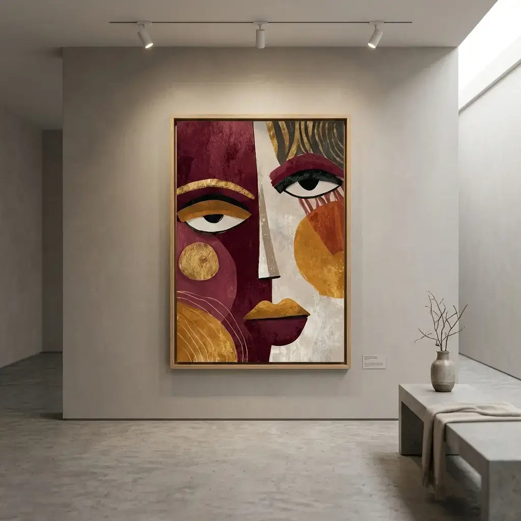 Modern abstract wall art featuring a split portrait of a face with cubist and boho influences. The left side is deep burgundy with a large stylized eye and gold geometric circles. The right side is warm beige with an eye, abstract gold and ochre shapes, and prominent gold lips. This luxury canvas print is ideal for contemporary living room wall decor.