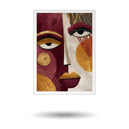 Modern abstract wall art featuring a split portrait of a face with cubist and boho influences. The left side is deep burgundy with a large stylized eye and gold geometric circles. The right side is warm beige with an eye, abstract gold and ochre shapes, and prominent gold lips. This luxury canvas print is ideal for contemporary living room wall decor.