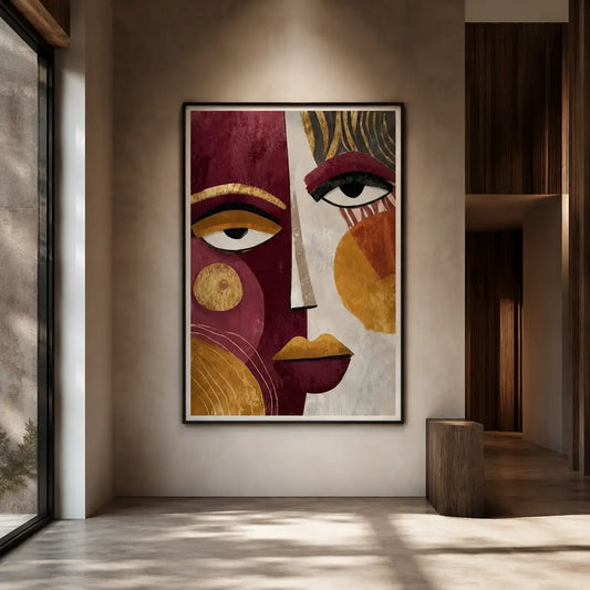 Modern abstract wall art featuring a split portrait of a face with cubist and boho influences. The left side is deep burgundy with a large stylized eye and gold geometric circles. The right side is warm beige with an eye, abstract gold and ochre shapes, and prominent gold lips. This luxury canvas print is ideal for contemporary living room wall decor.