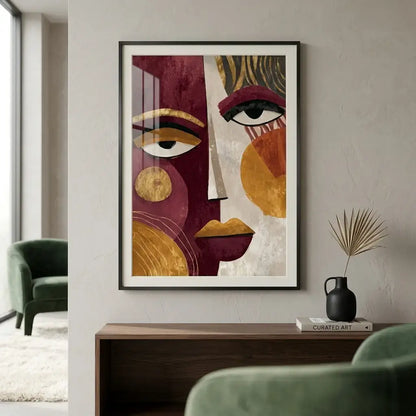 Modern abstract wall art featuring a split portrait of a face with cubist and boho influences. The left side is deep burgundy with a large stylized eye and gold geometric circles. The right side is warm beige with an eye, abstract gold and ochre shapes, and prominent gold lips. This luxury canvas print is ideal for contemporary living room wall decor.