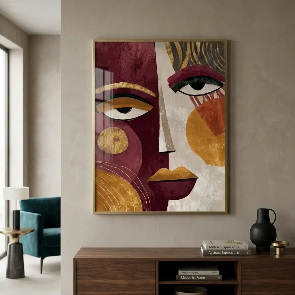 Modern abstract wall art featuring a split portrait of a face with cubist and boho influences. The left side is deep burgundy with a large stylized eye and gold geometric circles. The right side is warm beige with an eye, abstract gold and ochre shapes, and prominent gold lips. This luxury canvas print is ideal for contemporary living room wall decor.