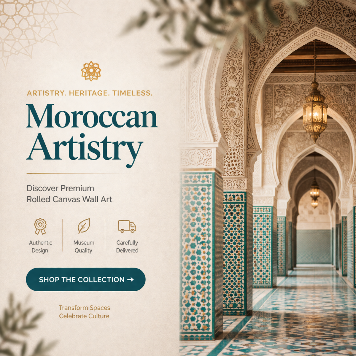 Advertisement for Moroccan Artistry with a decorative hallway in the background