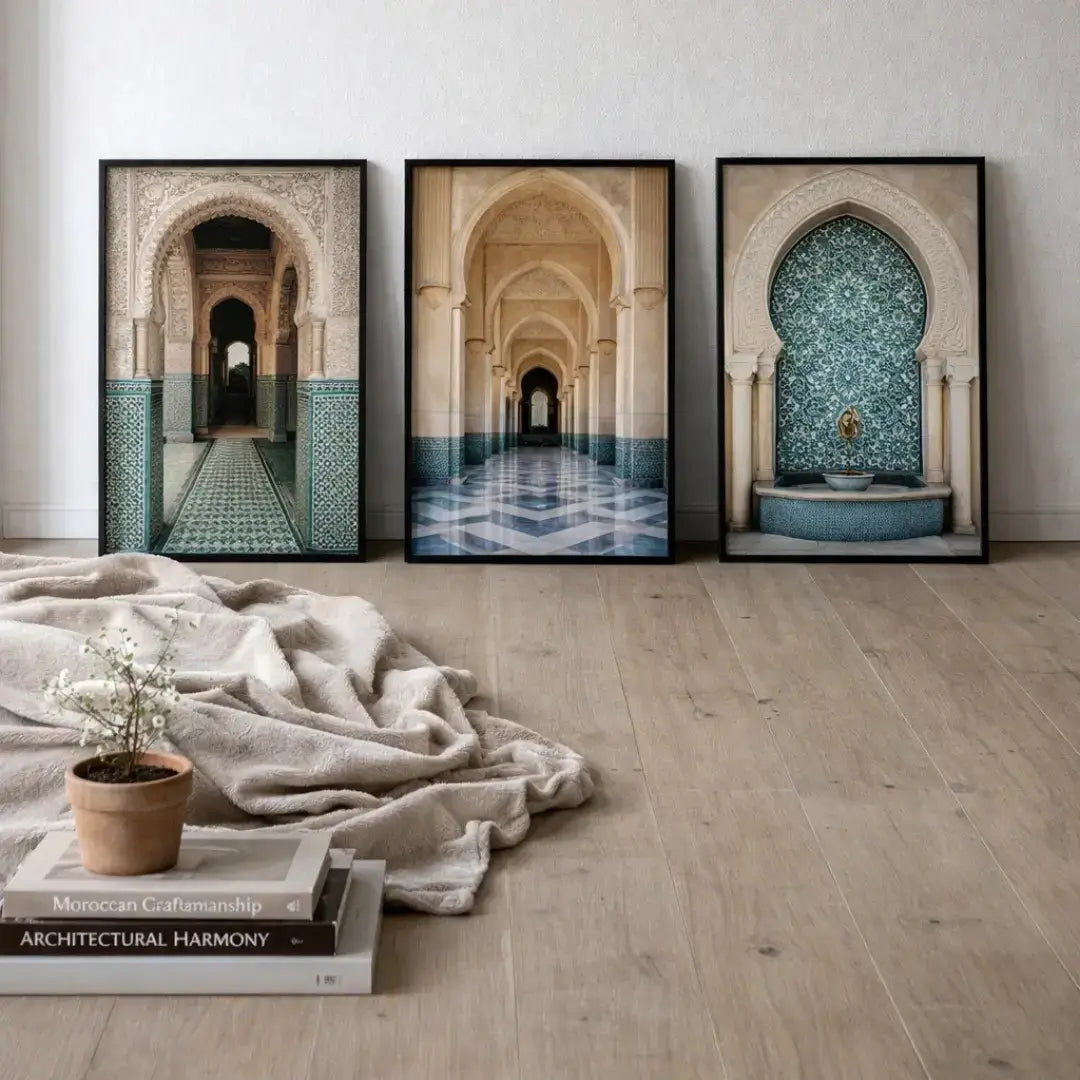 Moroccan wall art set of 3 canvas prints displayed in modern living room