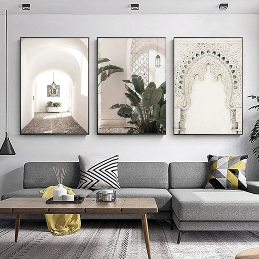 Set of 3 unframed Moroccan wall art prints on cotton canvas featuring traditional Moroccan artwork, printed with high-quality ink and rolled in a PVC cube for safe shipping.