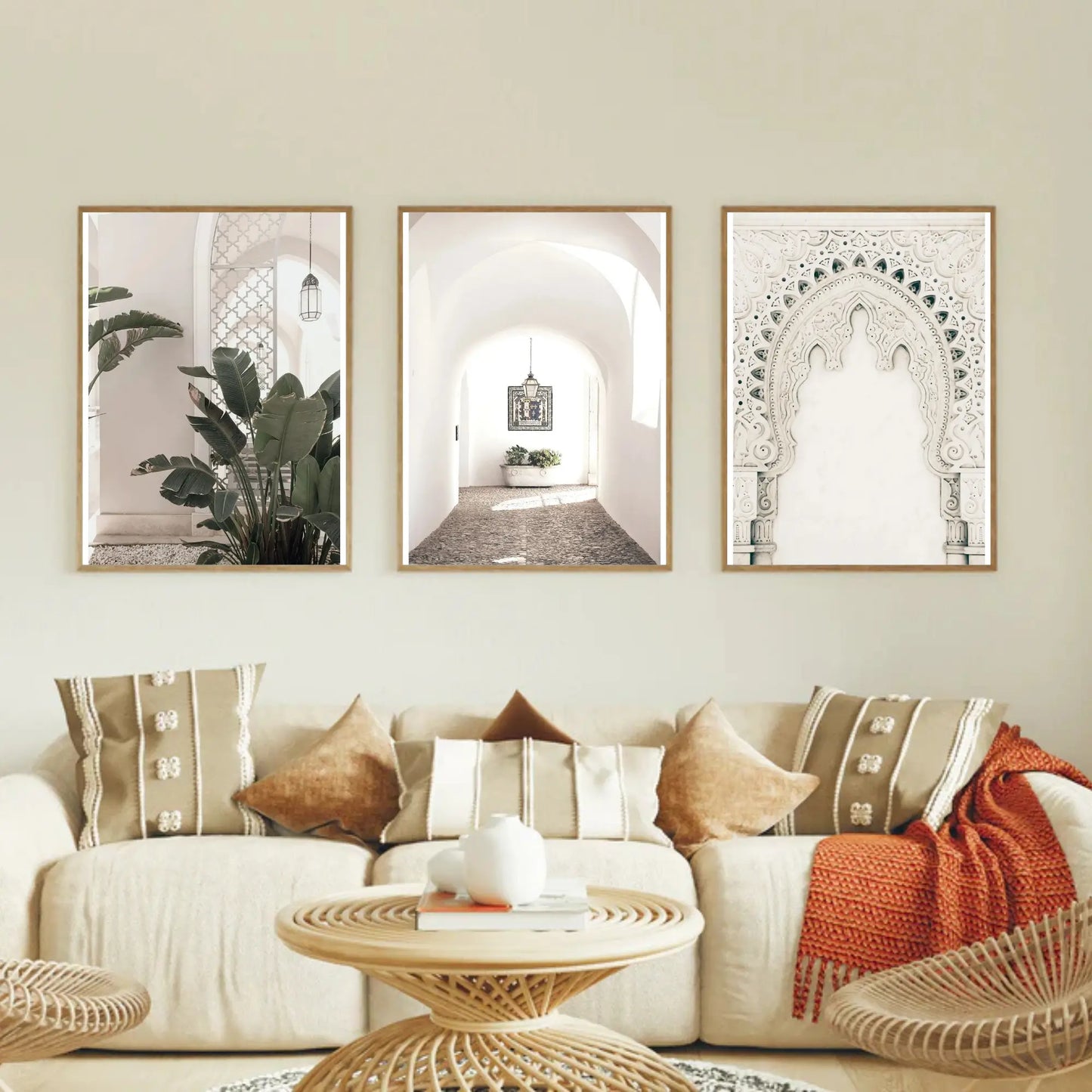 Set of 3 unframed Moroccan wall art prints on cotton canvas featuring traditional Moroccan artwork, printed with high-quality ink and rolled in a PVC cube for safe shipping.