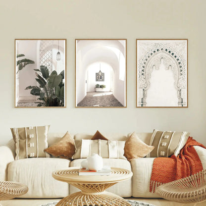 Set of 3 unframed Moroccan wall art prints on cotton canvas featuring traditional Moroccan artwork, printed with high-quality ink and rolled in a PVC cube for safe shipping.