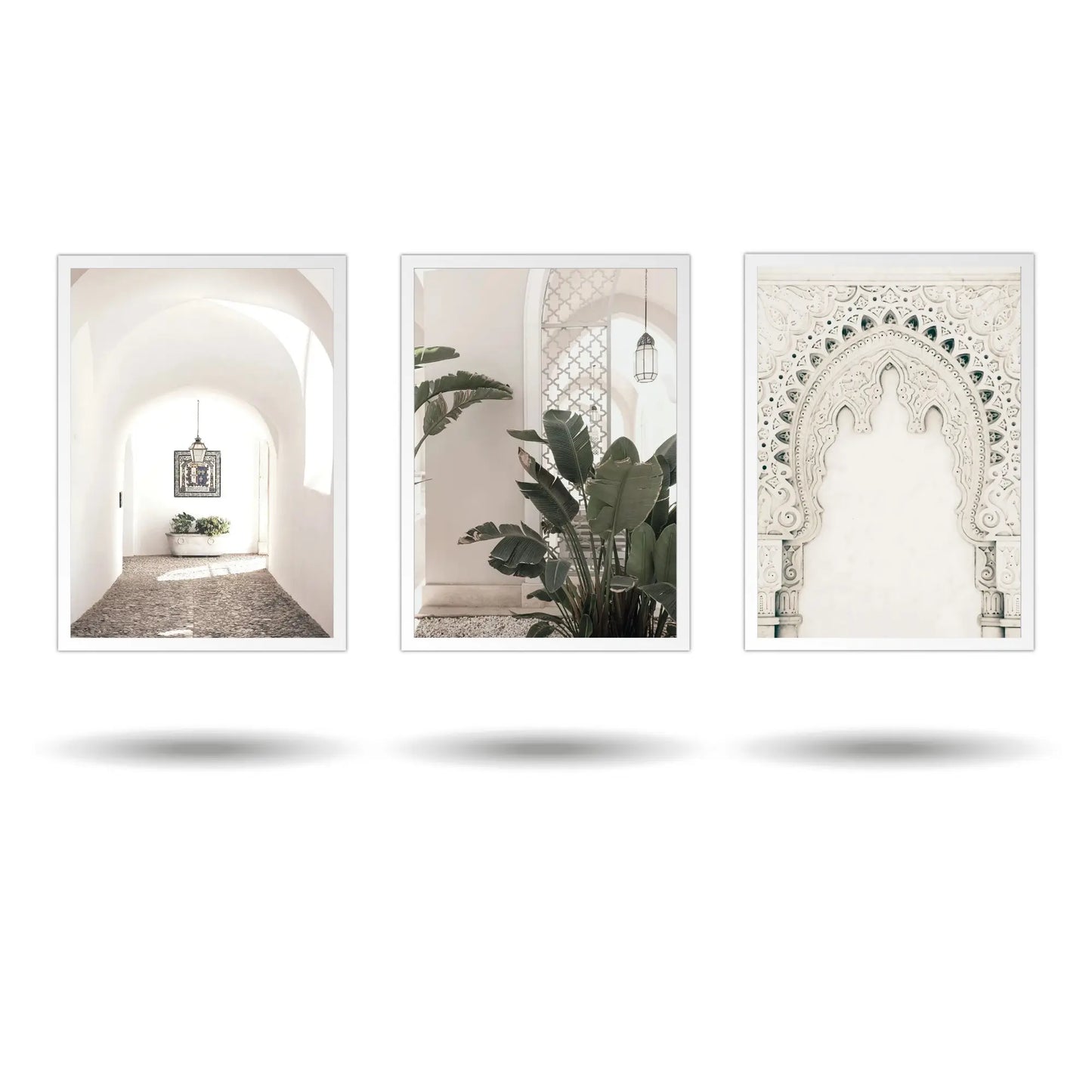 Set of 3 unframed Moroccan wall art prints on cotton canvas featuring traditional Moroccan artwork, printed with high-quality ink and rolled in a PVC cube for safe shipping.