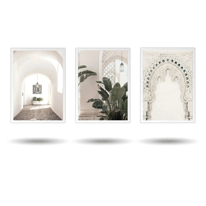 Set of 3 unframed Moroccan wall art prints on cotton canvas featuring traditional Moroccan artwork, printed with high-quality ink and rolled in a PVC cube for safe shipping.