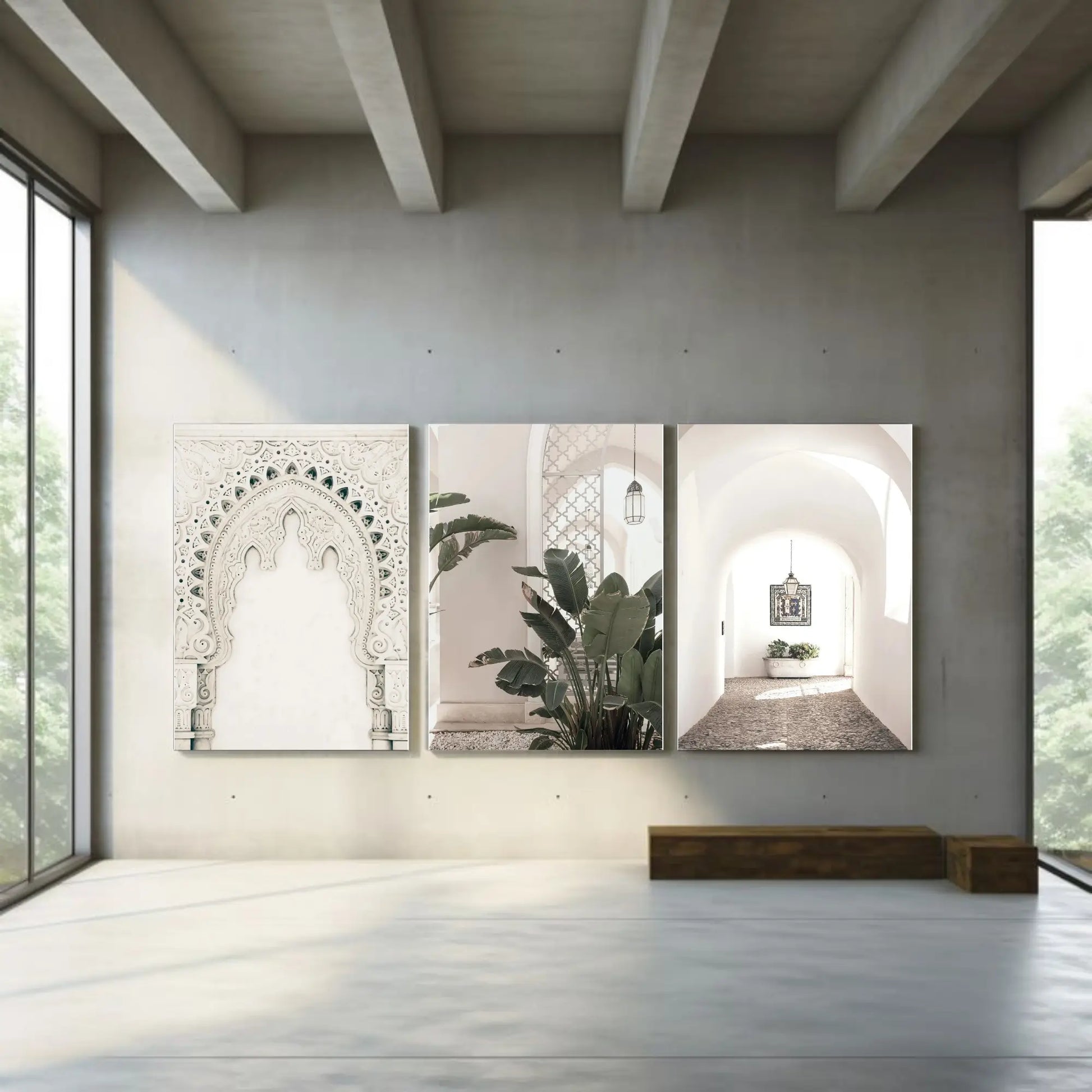 Set of 3 unframed Moroccan wall art prints on cotton canvas featuring traditional Moroccan artwork, printed with high-quality ink and rolled in a PVC cube for safe shipping.