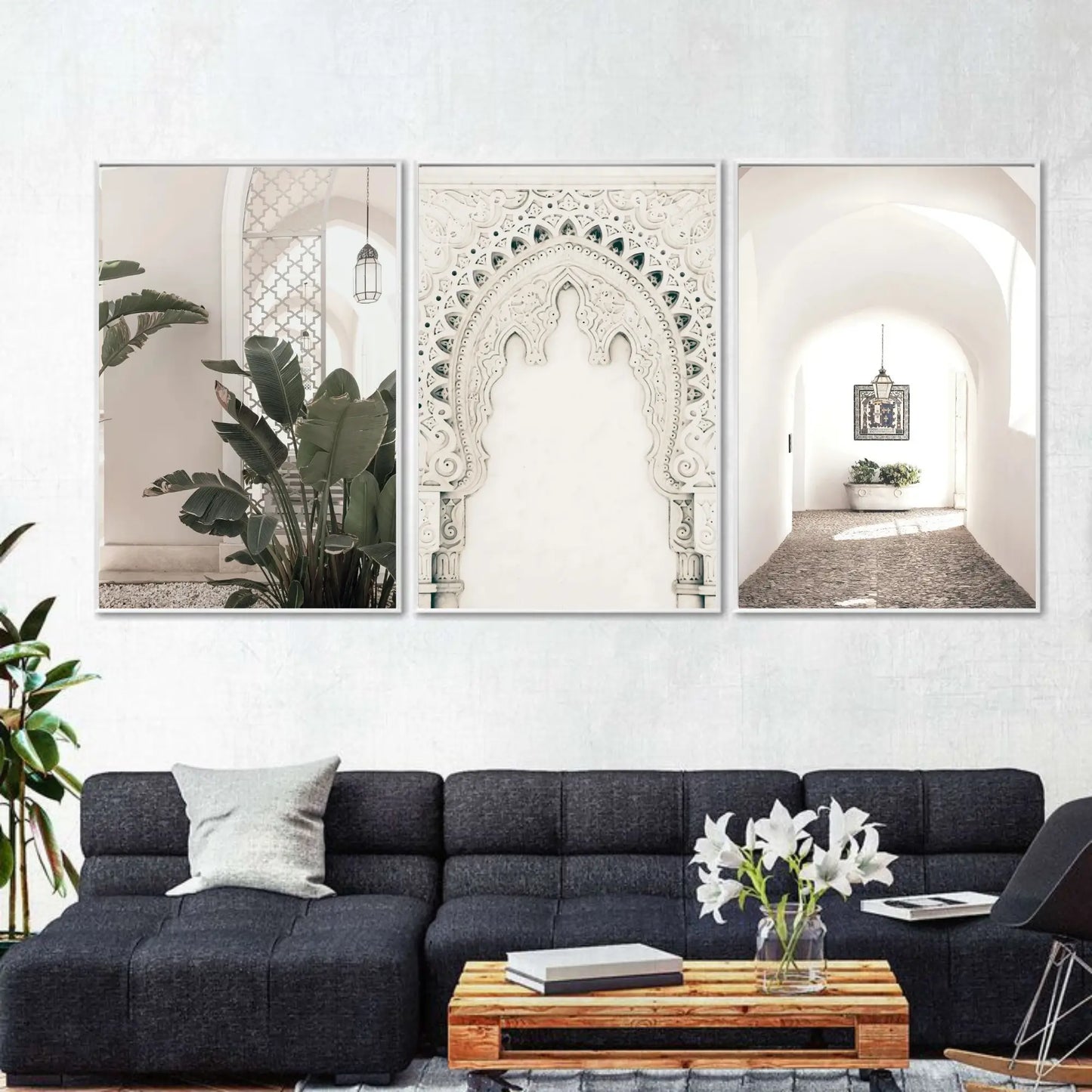 Set of 3 unframed Moroccan wall art prints on cotton canvas featuring traditional Moroccan artwork, printed with high-quality ink and rolled in a PVC cube for safe shipping.