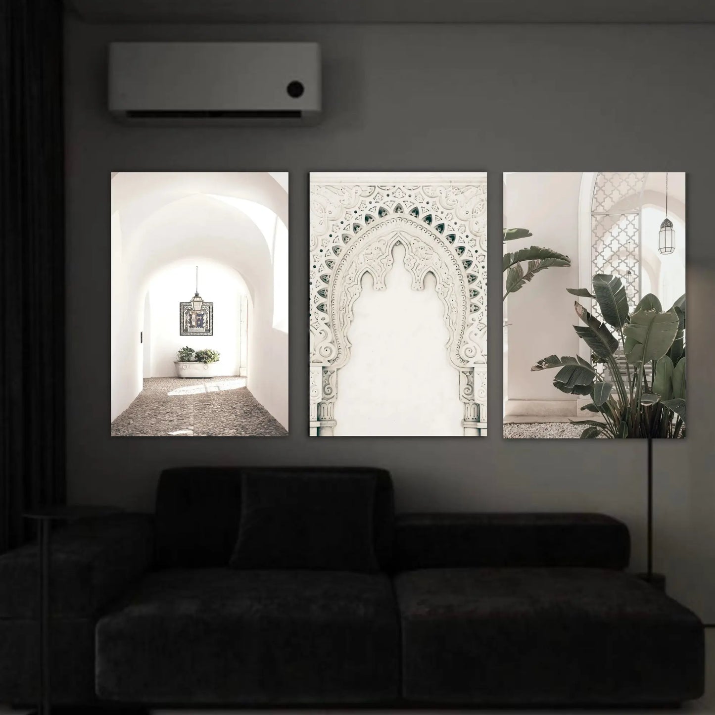 Set of 3 unframed Moroccan wall art prints on cotton canvas featuring traditional Moroccan artwork, printed with high-quality ink and rolled in a PVC cube for safe shipping.