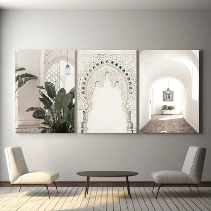 Set of 3 unframed Moroccan wall art prints on cotton canvas featuring traditional Moroccan artwork, printed with high-quality ink and rolled in a PVC cube for safe shipping.