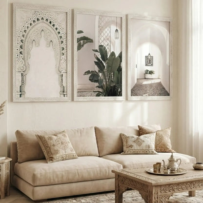 Set of 3 Moroccan art prints on wall – Marrakech-inspired geometric pattern canvas decor