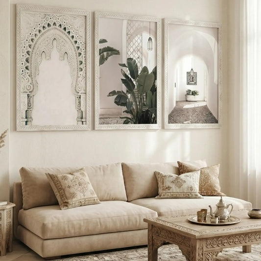 Set of 3 Moroccan art prints on wall – Marrakech-inspired geometric pattern canvas decor