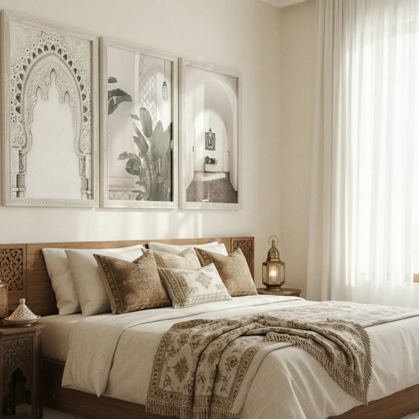 Traditional Moroccan canvas print triptych displayed in living room – warm terracotta boho wall art