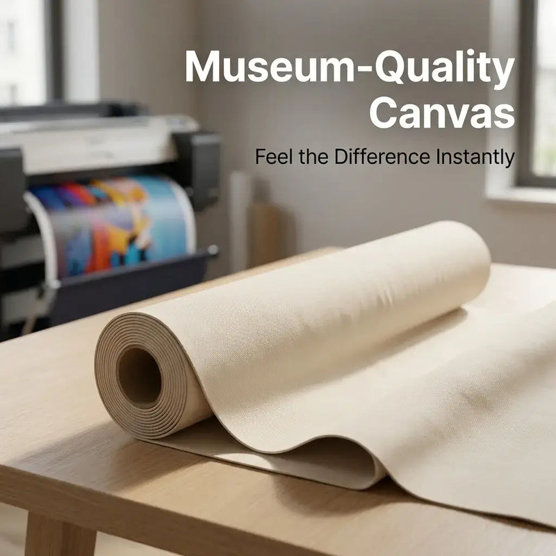 Museum-quality cotton canvas fabric for custom wall art prints, durable thick canvas roll on wooden table