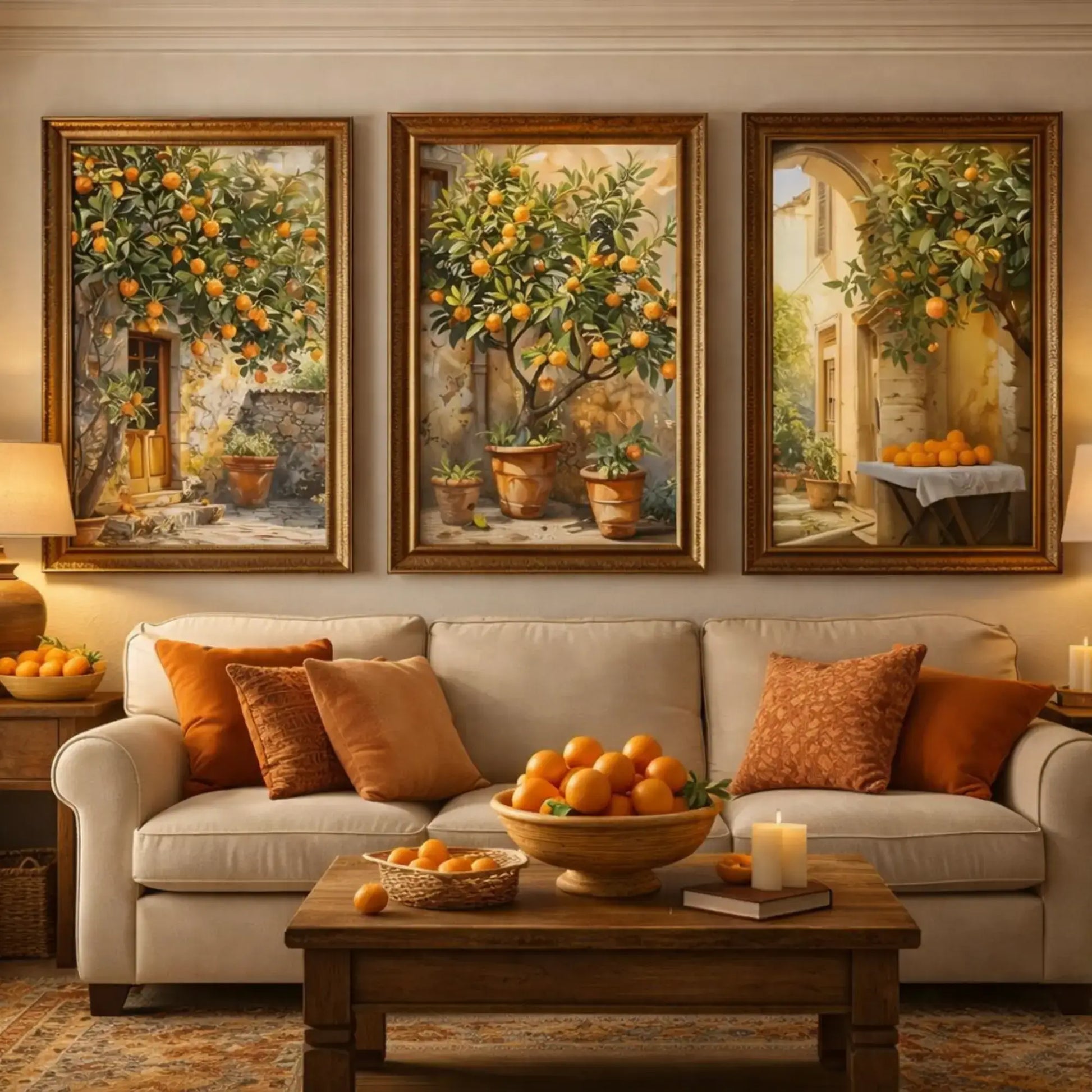 Mediterranean orange tree courtyard wall art with rustic Italian house and sunlit citrus tree canvas print