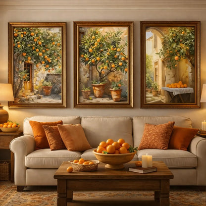 Mediterranean orange tree courtyard wall art with rustic Italian house and sunlit citrus tree canvas print