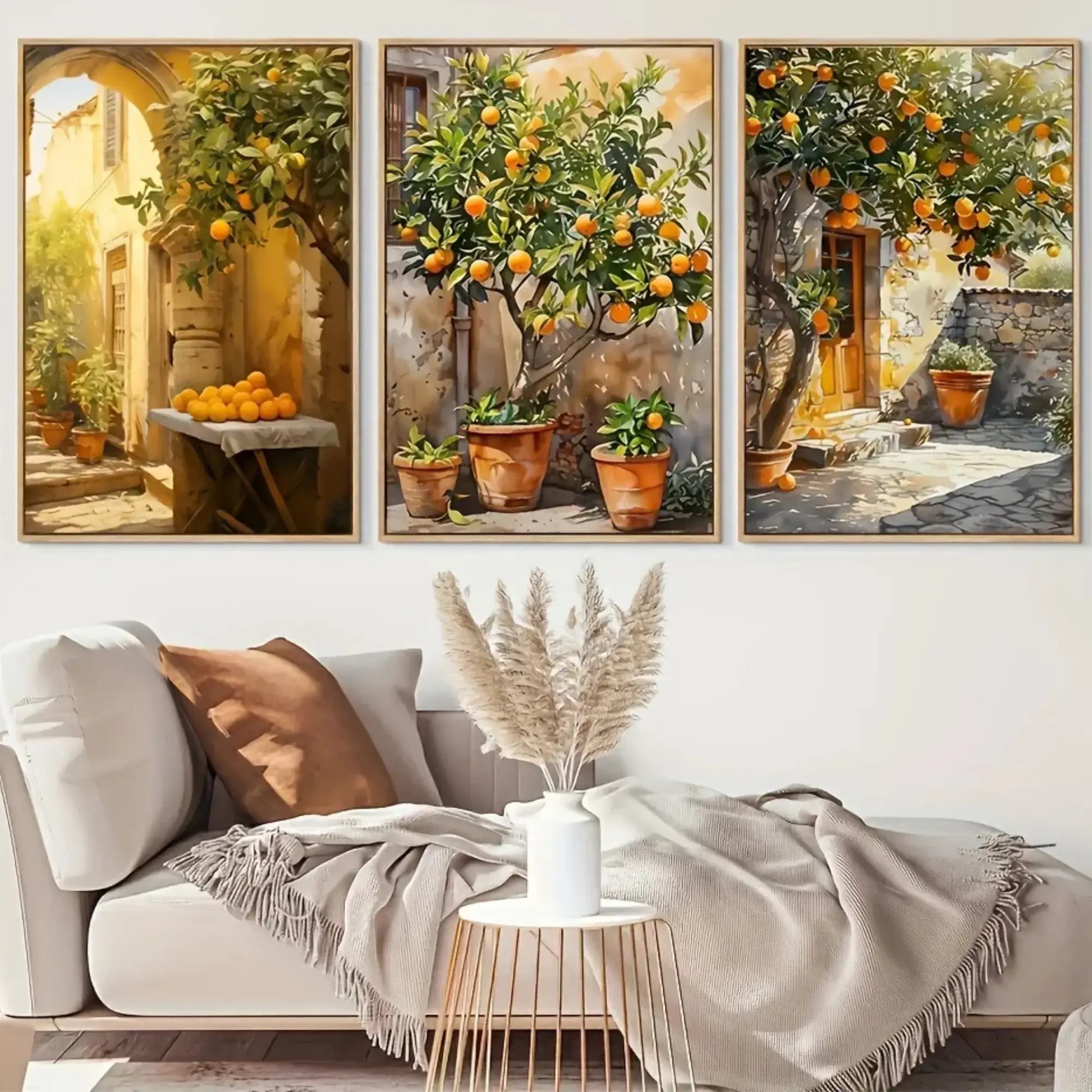 Mediterranean orange tree courtyard wall art with rustic Italian house and sunlit citrus tree canvas print