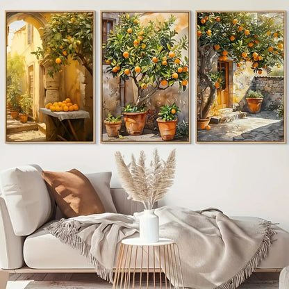 Mediterranean orange tree courtyard wall art with rustic Italian house and sunlit citrus tree canvas print
