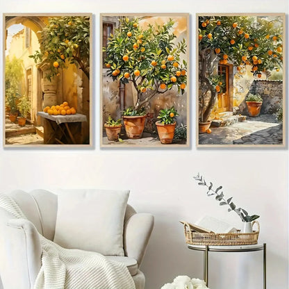 Mediterranean orange tree courtyard wall art with rustic Italian house and sunlit citrus tree canvas print