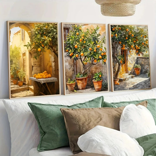 Mediterranean orange tree courtyard canvas wall art set of 3 – Italian citrus prints for living room decor