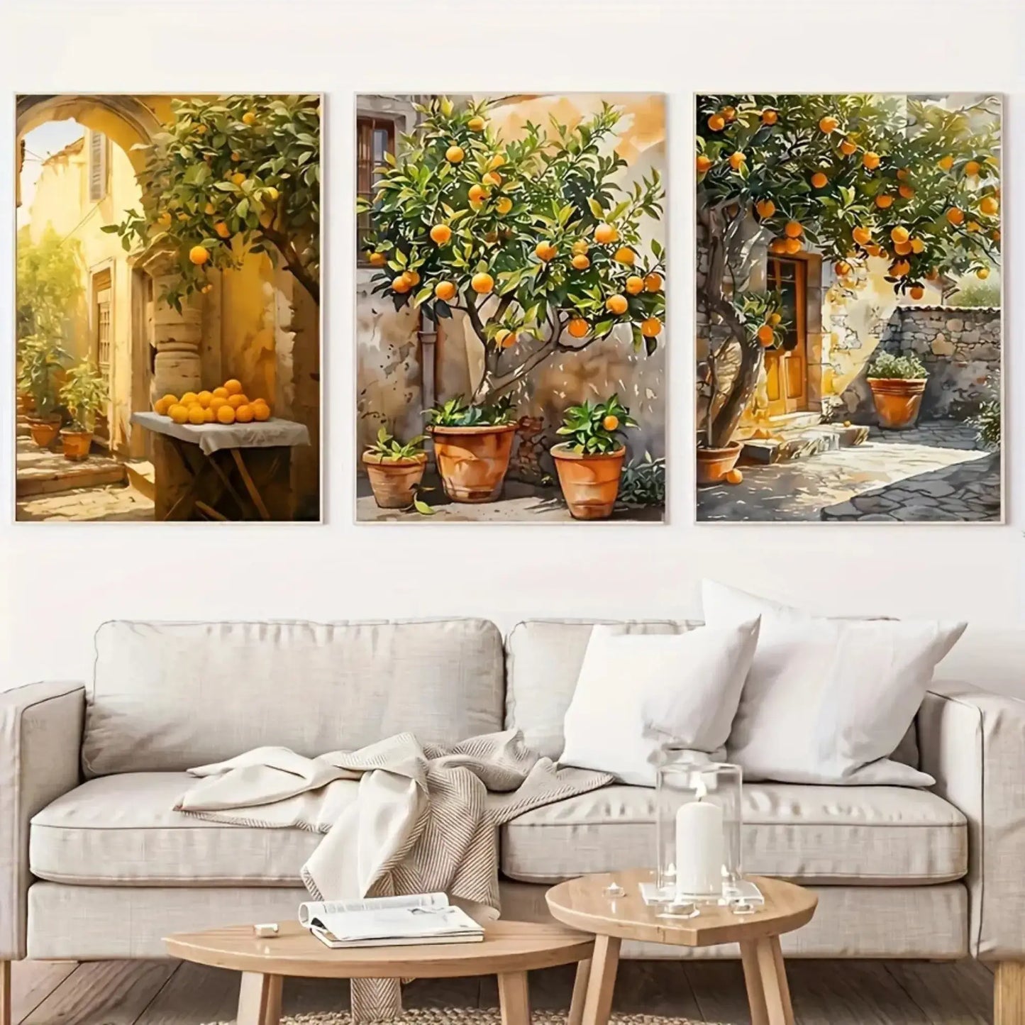Mediterranean orange tree courtyard wall art with rustic Italian house and sunlit citrus tree canvas print