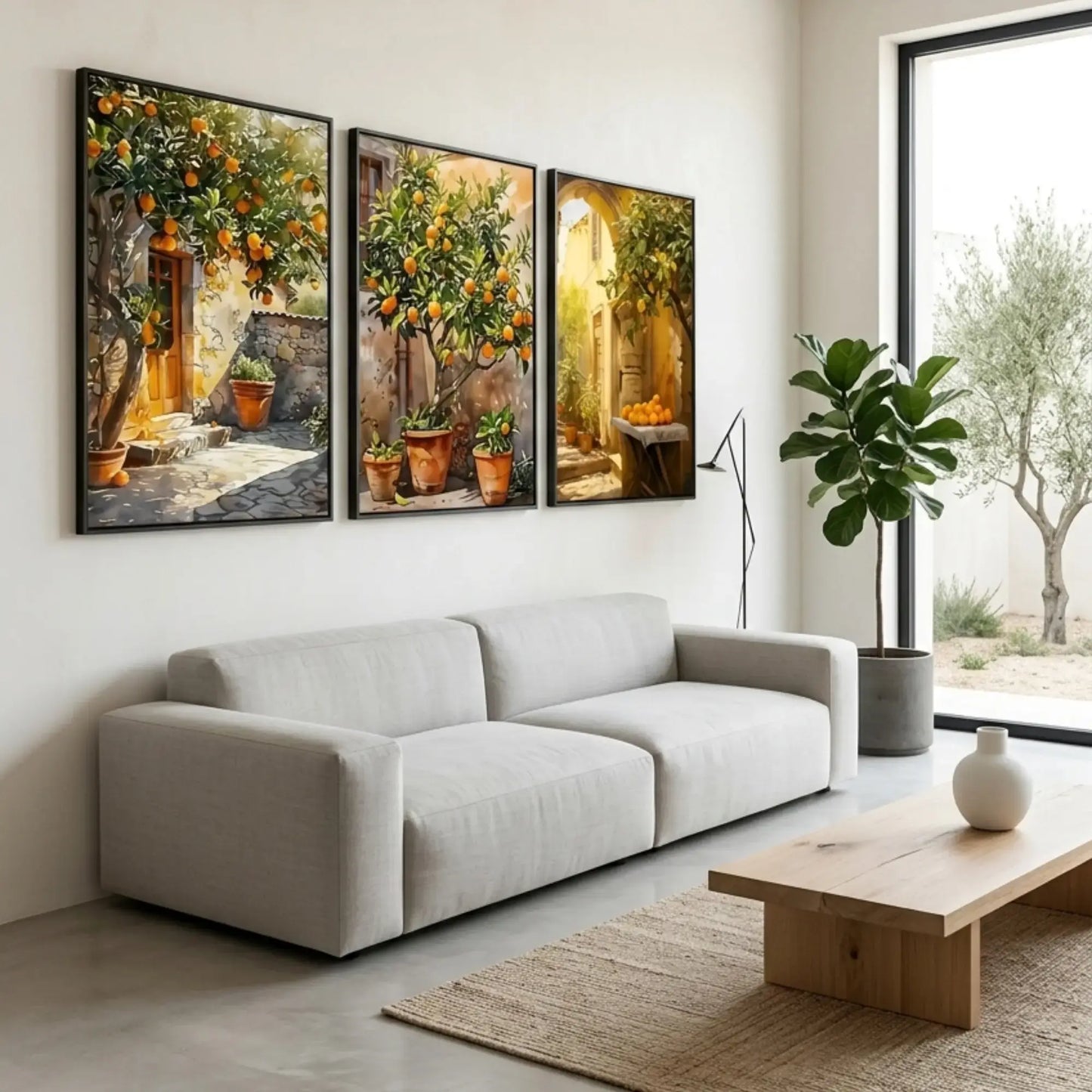Mediterranean orange tree courtyard wall art with rustic Italian house and sunlit citrus tree canvas print