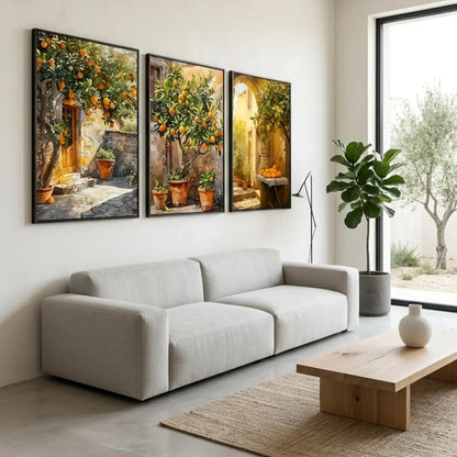 Mediterranean orange tree courtyard wall art with rustic Italian house and sunlit citrus tree canvas print