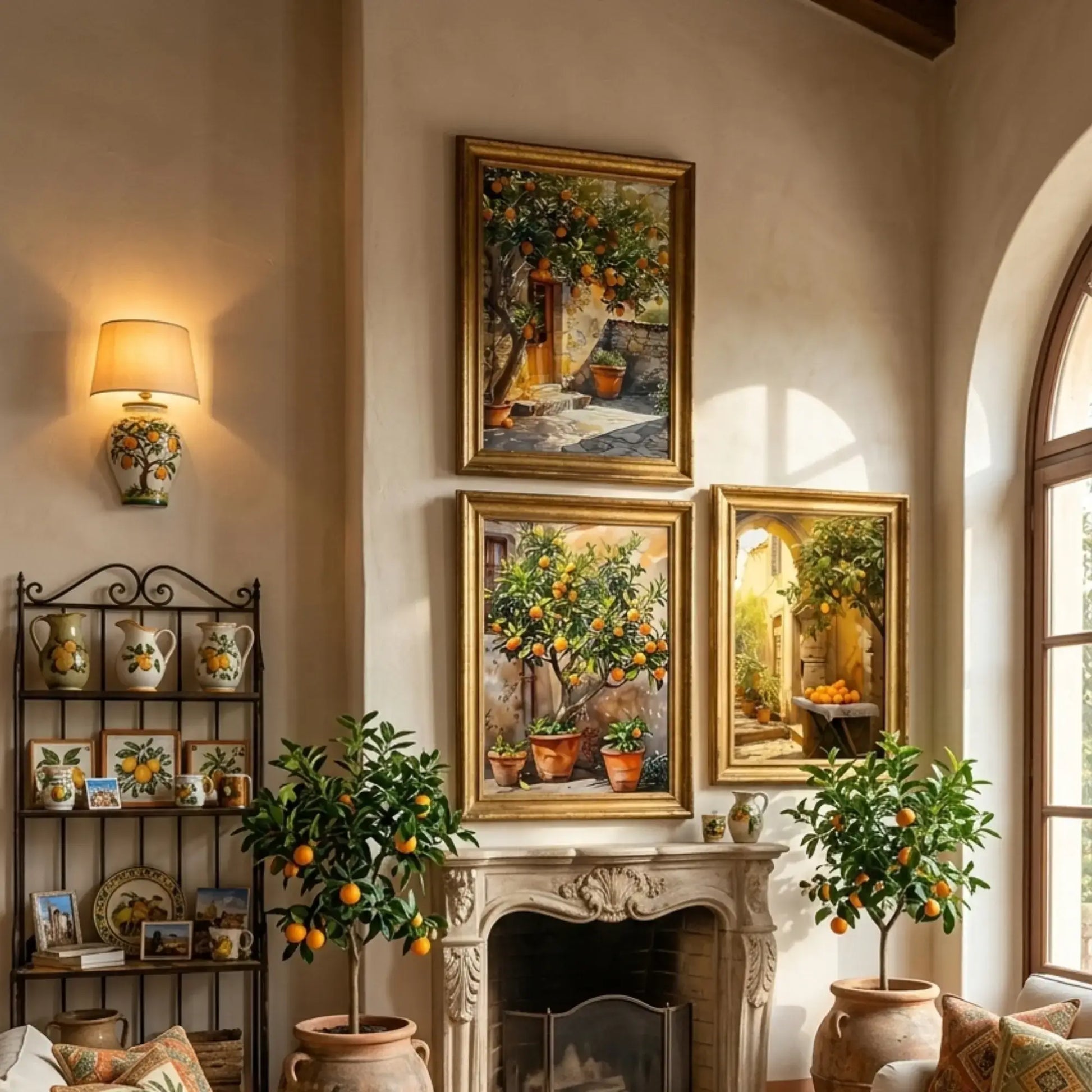 Mediterranean orange tree courtyard wall art with rustic Italian house and sunlit citrus tree canvas print