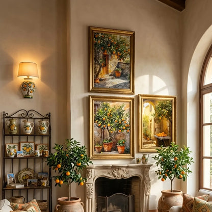 Mediterranean orange tree courtyard wall art with rustic Italian house and sunlit citrus tree canvas print