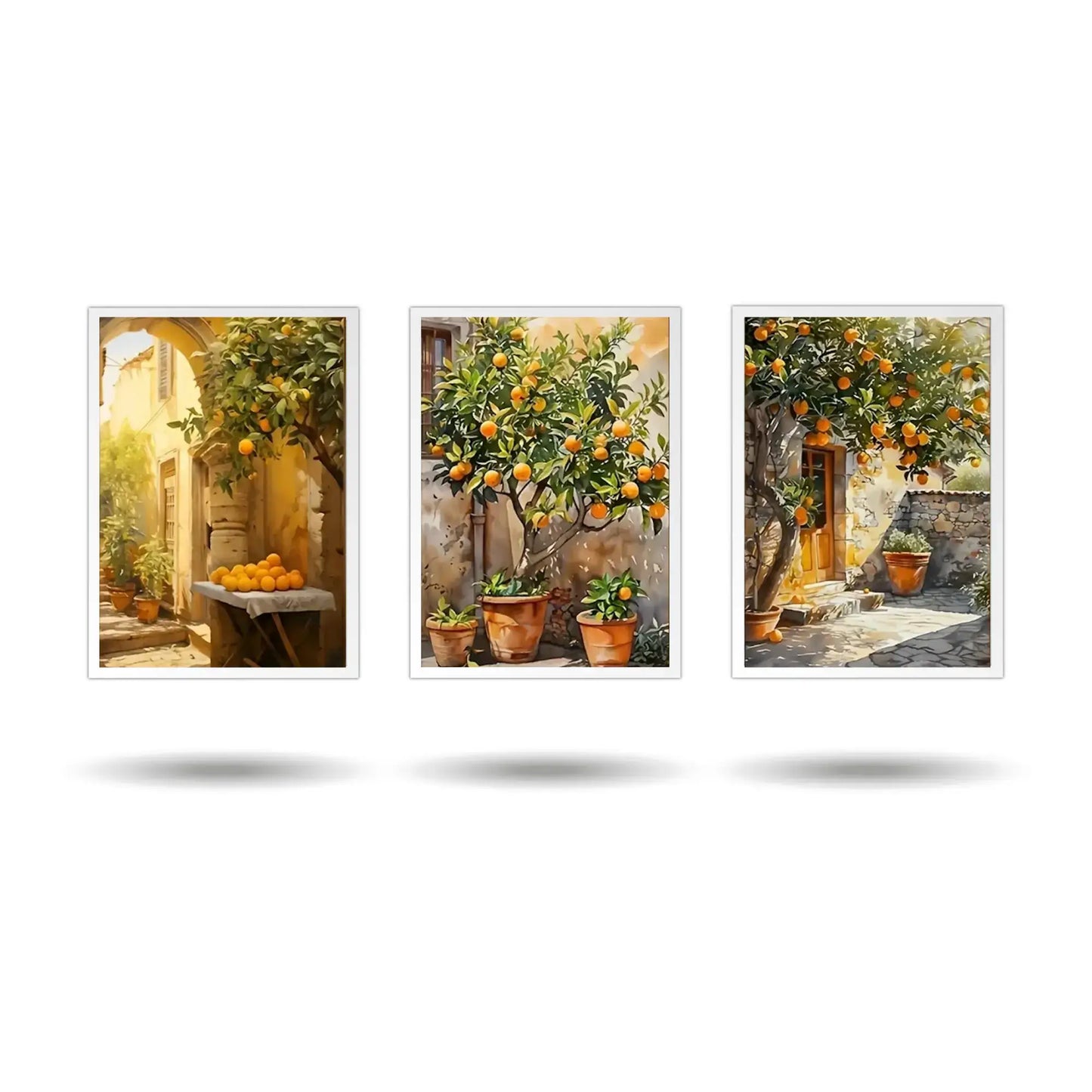 Mediterranean orange tree courtyard wall art with rustic Italian house and sunlit citrus tree canvas print