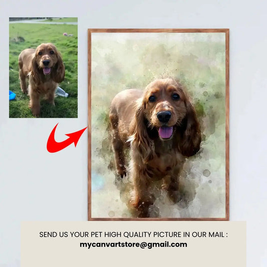 Custom watercolor pet portrait on canvas featuring a brown dog with a soft artistic background — personalized pet photo to art gift for pet lovers.