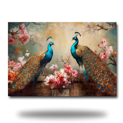 Two peacocks with vibrant feathers and pink flowers on a decorative background