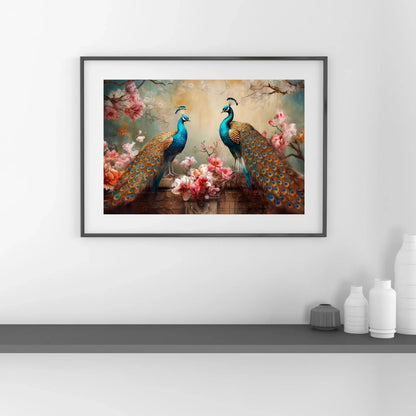 Framed artwork of two peacocks and flowers on a white wall.