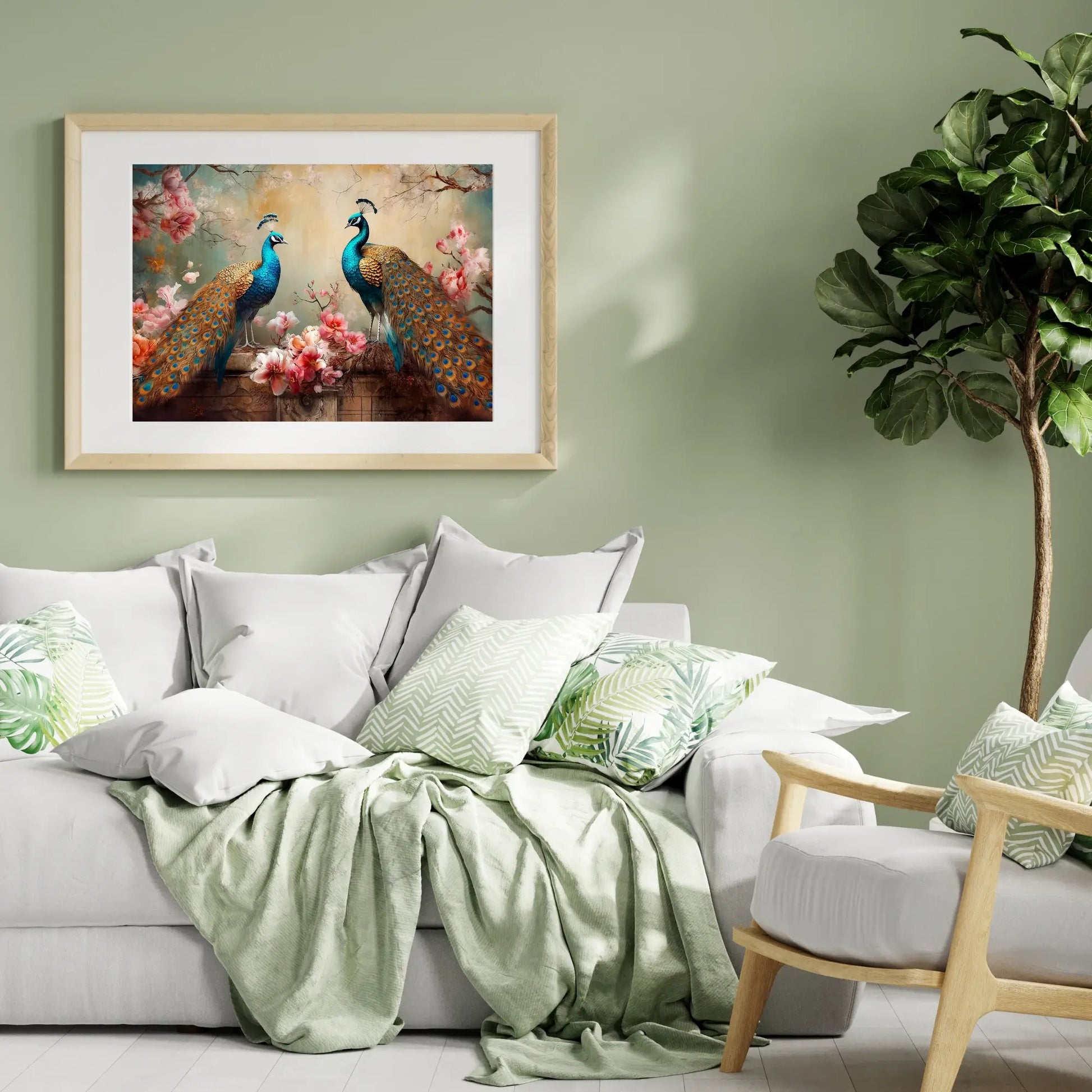 Living room with a sofa, armchair, and framed peacock artwork on a light green wall.