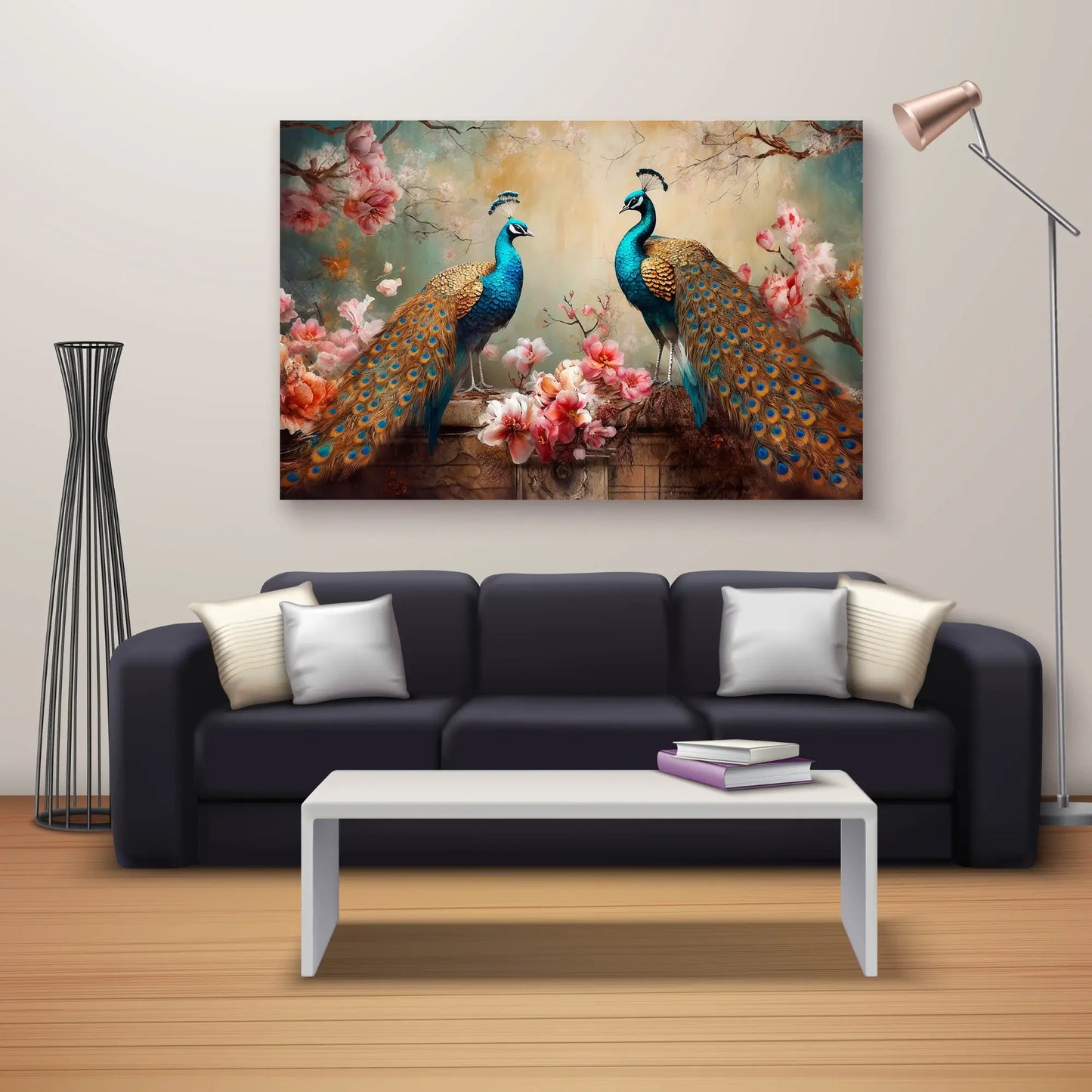 Living room with a black sofa, white coffee table, and a painting of peacocks on the wall.