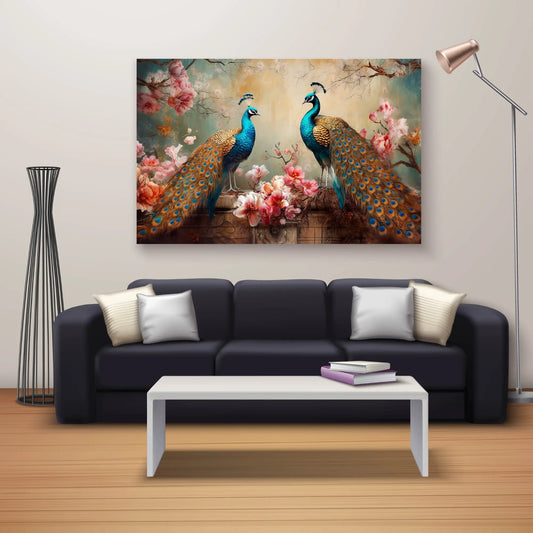 Living room with a black sofa, white coffee table, and a painting of peacocks on the wall.