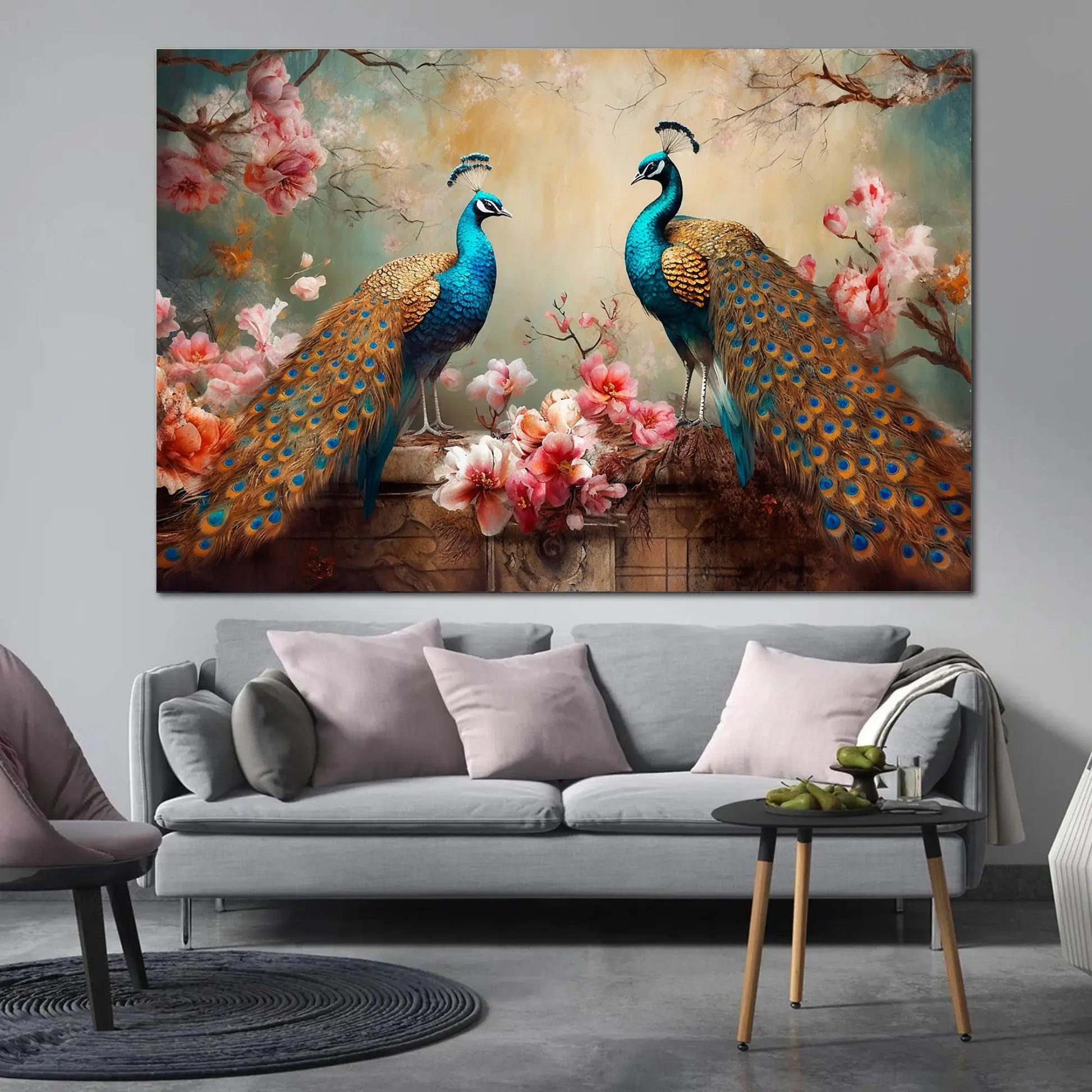 Living room with a large painting of two peacocks and flowers on the wall.