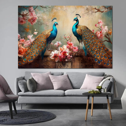 Living room with a large painting of two peacocks and flowers on the wall.