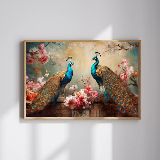 Framed artwork of two peacocks and cherry blossoms on a white wall
