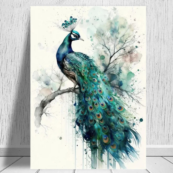  Blue and green peacock wall art with watercolor-inspired splashes and detailed feathers
