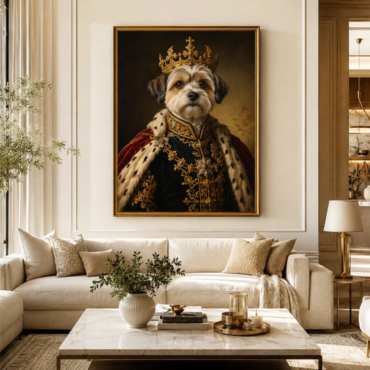 Custom royal cat portrait printed on premium canvas, showing a cat dressed in regal attire with a crown, hung as luxury wall art above a living room sofa.