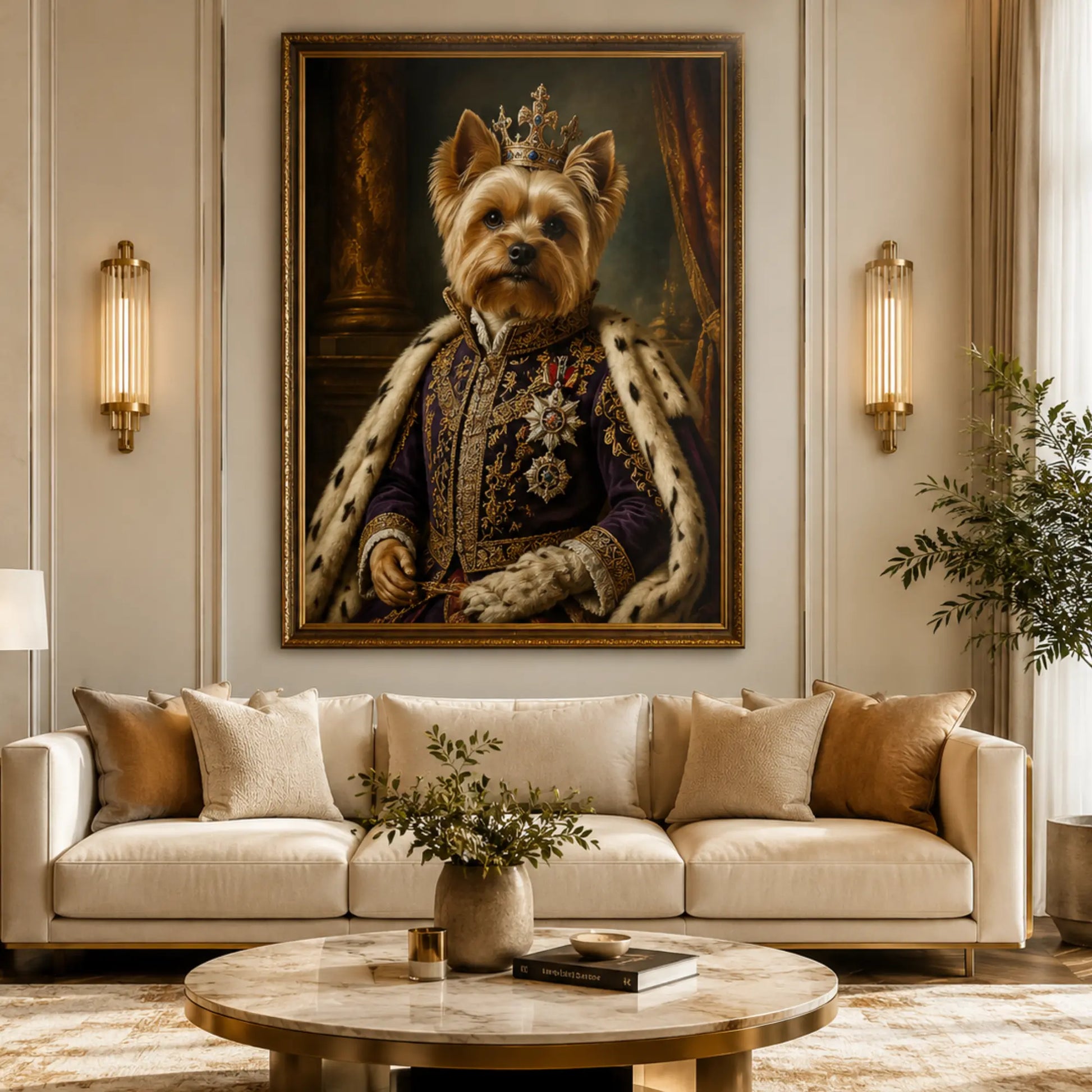 Custom royal cat portrait printed on premium canvas, showing a cat dressed in regal attire with a crown, hung as luxury wall art above a living room sofa.